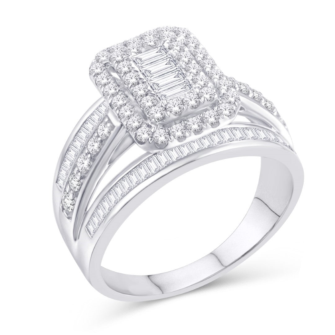 10KT White Gold 1.45 Carat Round and Baguette Diamond Cushion Ladies Ring-0226946-WG