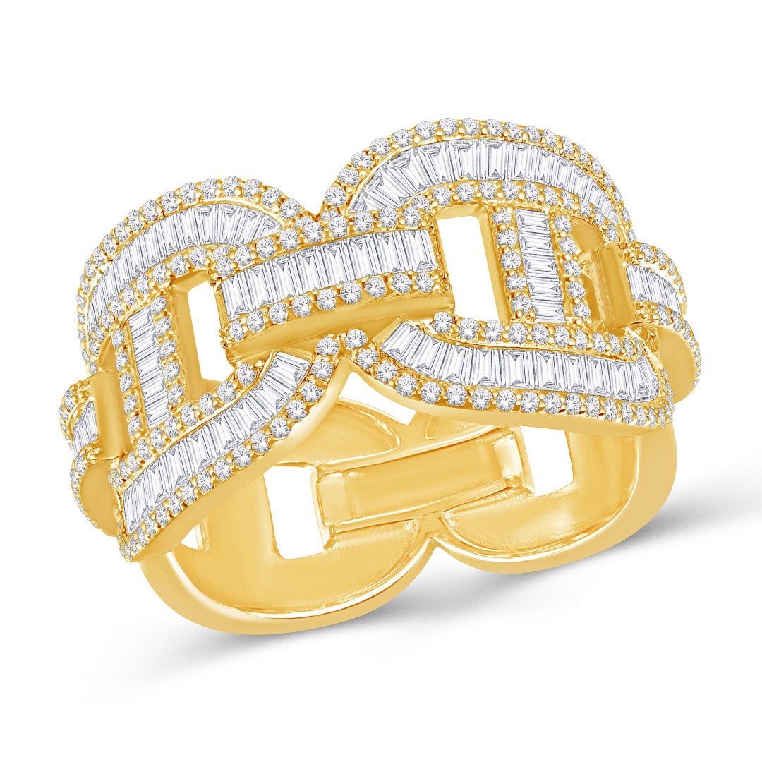 10KT All Yellow Gold 2.23 Carat Round and Baguette Diamond Cuban Link Mens Ring-0325759-ALY