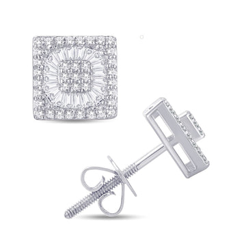 10KT White Gold 0.50 Carat Round And Baguette Diamond Cluster Earrings-0126618-WG