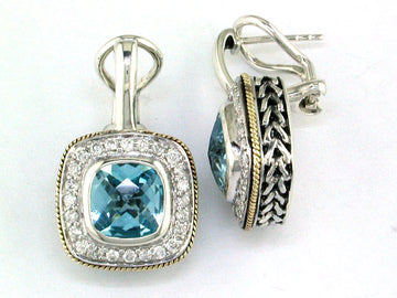 EFFY 925 18K YELLOW GOLD/SILVER DIAMOND and BLUE TOPAZ EARRINGS