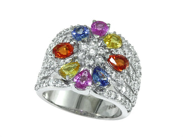 EFFY 14K WHITE GOLD DIAMOND,NATURAL CEYLON SAPPHIRE,ORANGE SAPPHIRE,PINK SAPPHIRE,YELLOW SAPPHIRE RING