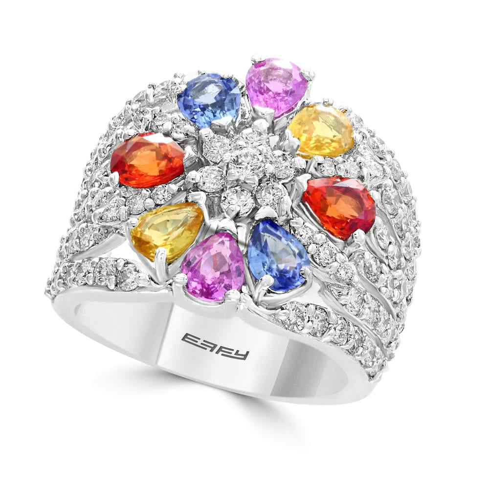 EFFY 14K WHITE GOLD DIAMOND,NATURAL CEYLON SAPPHIRE,ORANGE SAPPHIRE,PINK SAPPHIRE,YELLOW SAPPHIRE RING